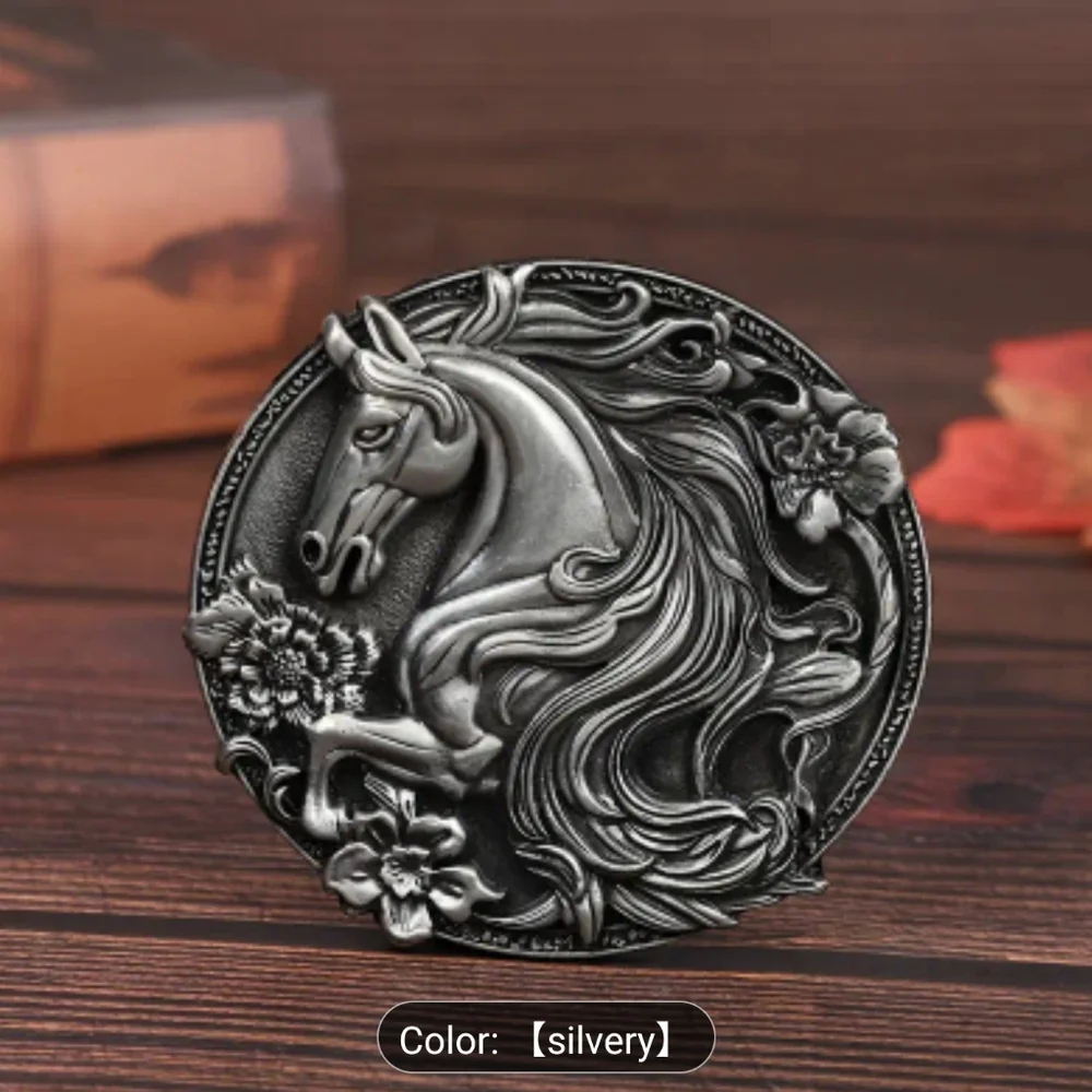 Western Horse Belt Buckle Antique Silver Tone Floral Equestrian Design, T3MISB5A